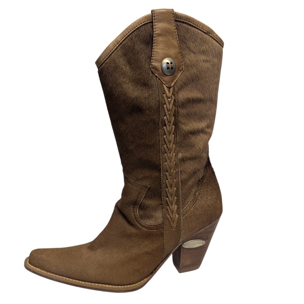 Rockwell Tharp Brown Tan Calf Hair Leather Heeled Boot Western Mid Calf Size 39